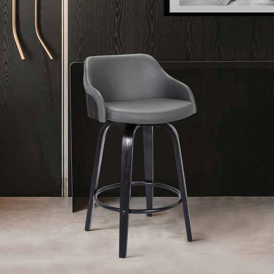 30” Gray Swivel Faux Leather Black Wooden Bar Stool By Homeroots | Bar Stools | Modishstore