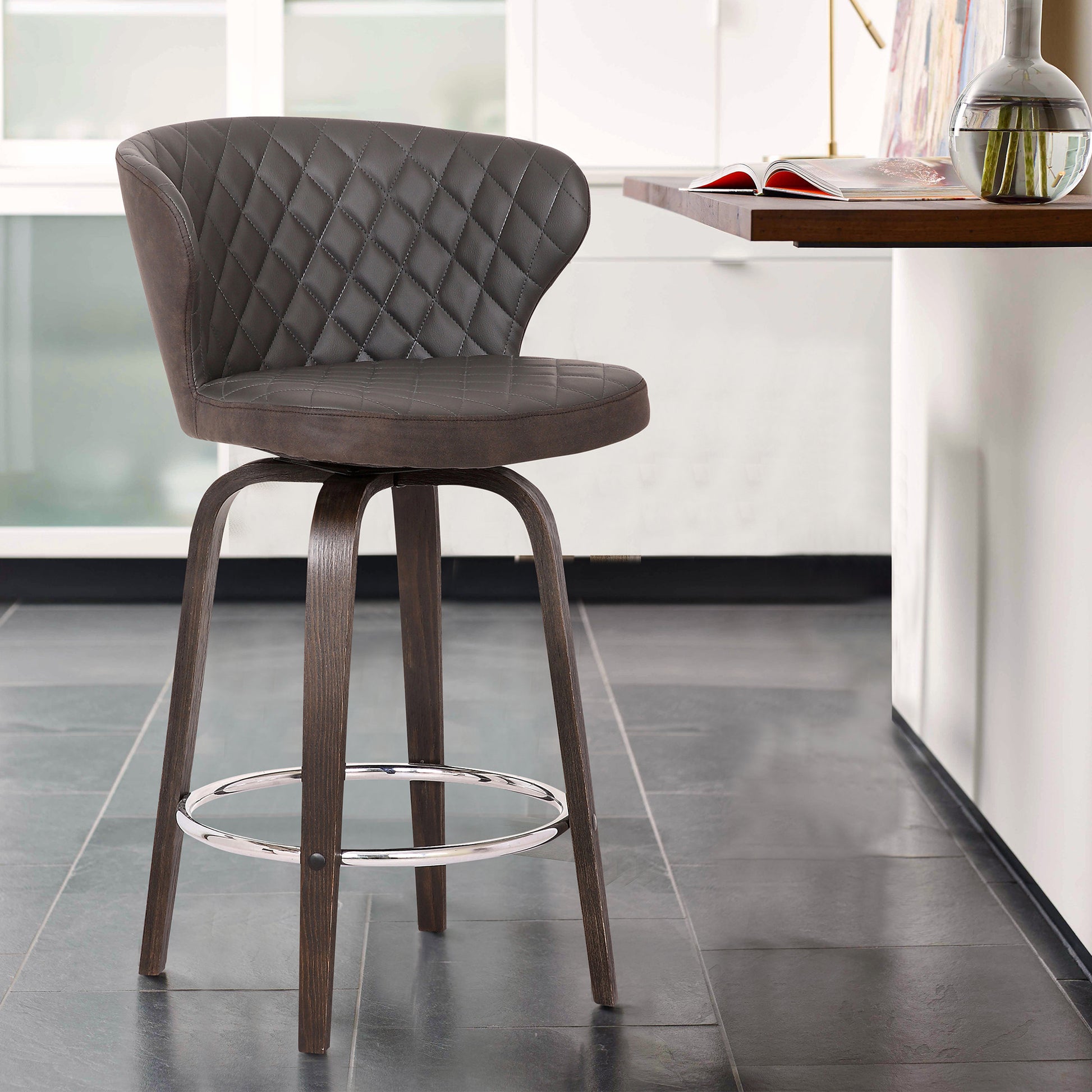 36" Brown Faux Leather And Iron Swivel Counter Height Bar Chair By Homeroots | Bar Stools | Modishstore