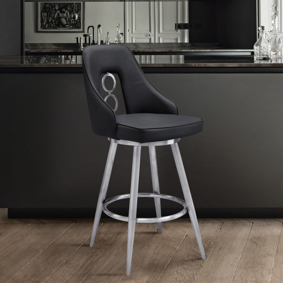 39" Black Faux Leather And Iron Swivel Counter Height Bar Chair By Homeroots | Bar Stools | Modishstore - 9