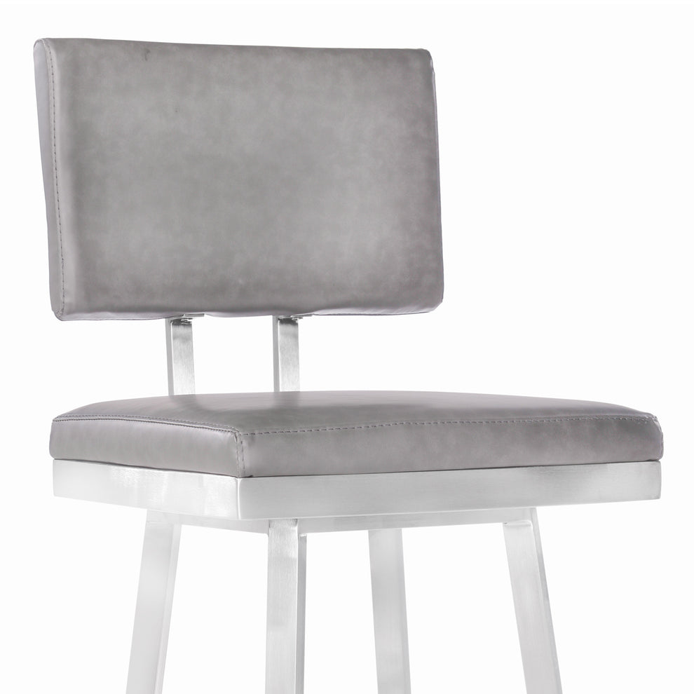 30" Vintage Gray on Stainless Faux Leather Rectangular Swivel Armless Barstool By Homeroots | Bar Stools | Modishstore - 4