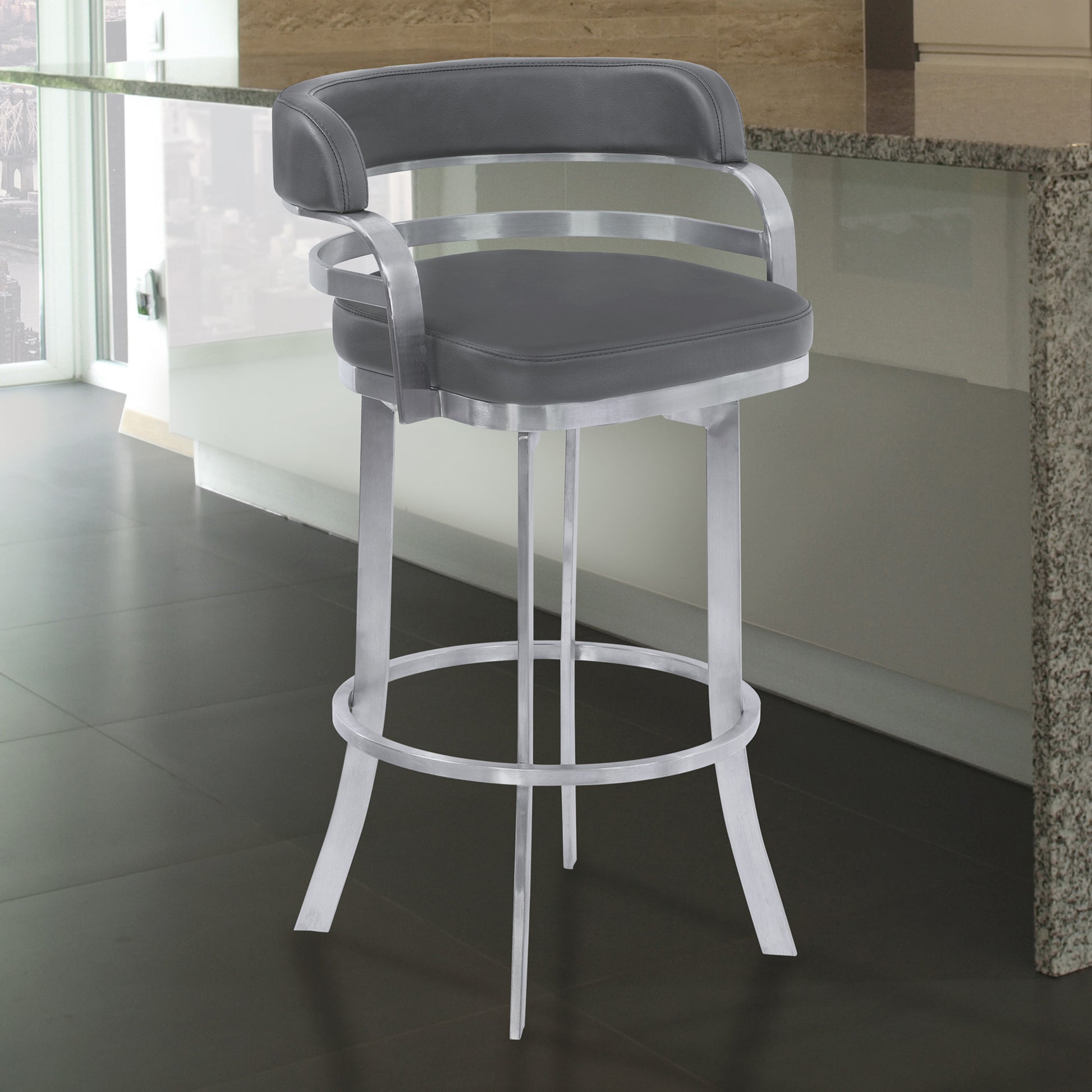 34" Gray And Silver Faux Leather Swivel Low Back Counter Height Bar Chair With Footrest By Homeroots | Bar Stools | Modishstore