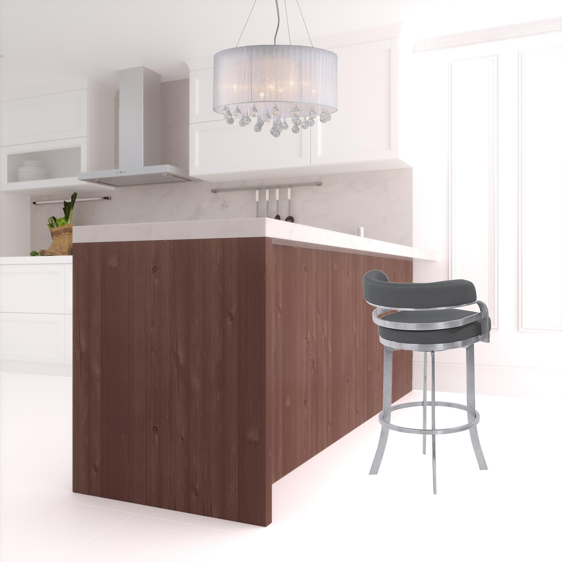 34" Gray And Silver Faux Leather Swivel Low Back Counter Height Bar Chair With Footrest By Homeroots | Bar Stools | Modishstore - 5