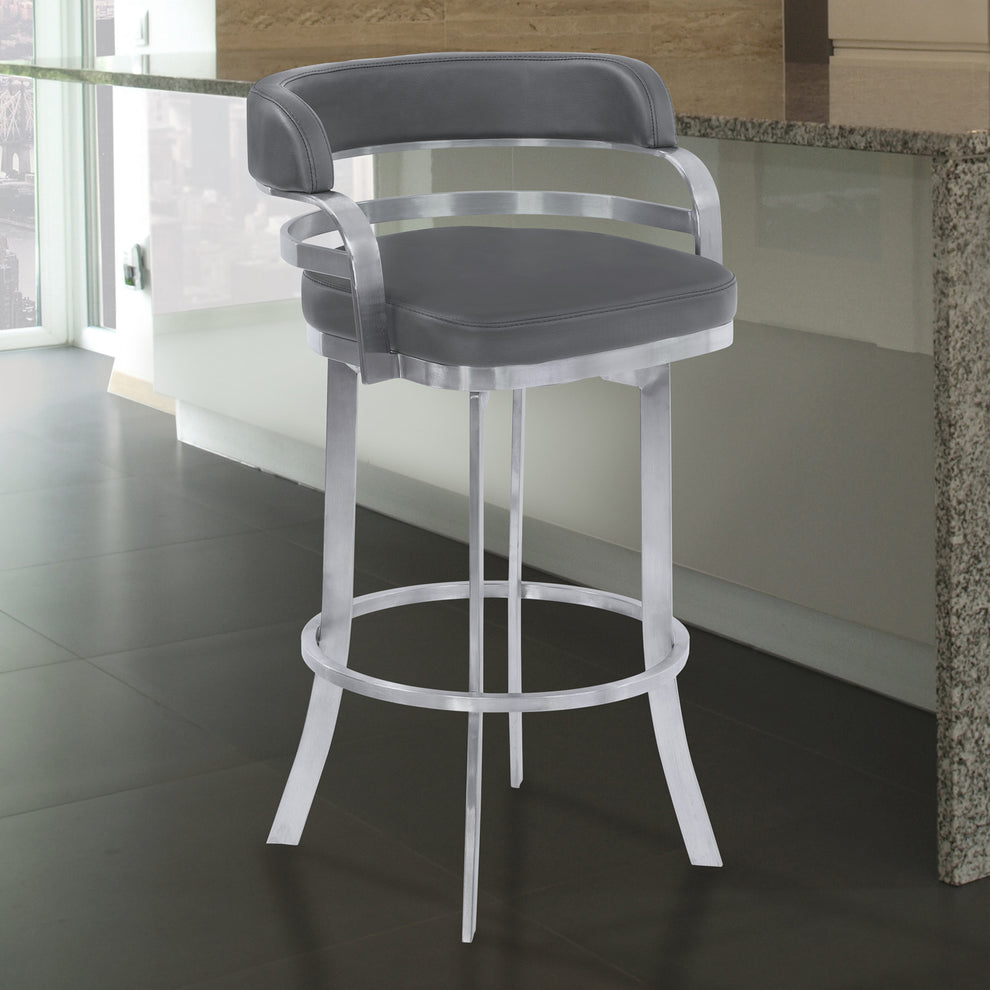 38" Gray Brushed Stainless Steel Bar Height Swivel Full Back Bar Chair By Homeroots | Bar Stools | Modishstore - 8