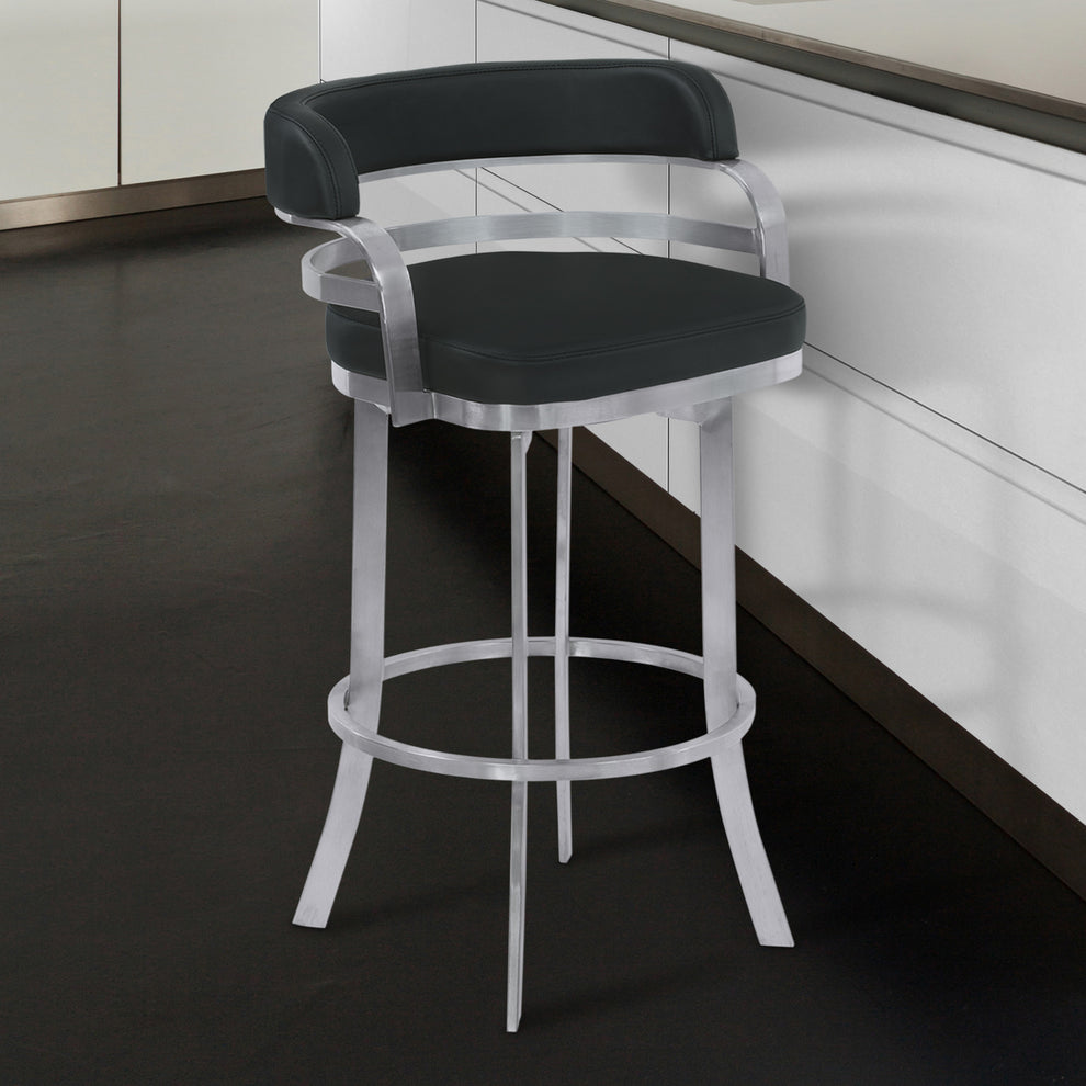 38" Black And Silver Faux Leather And Iron Swivel Low Back Bar Height Chair With Footrest By Homeroots | Bar Stools | Modishstore - 8