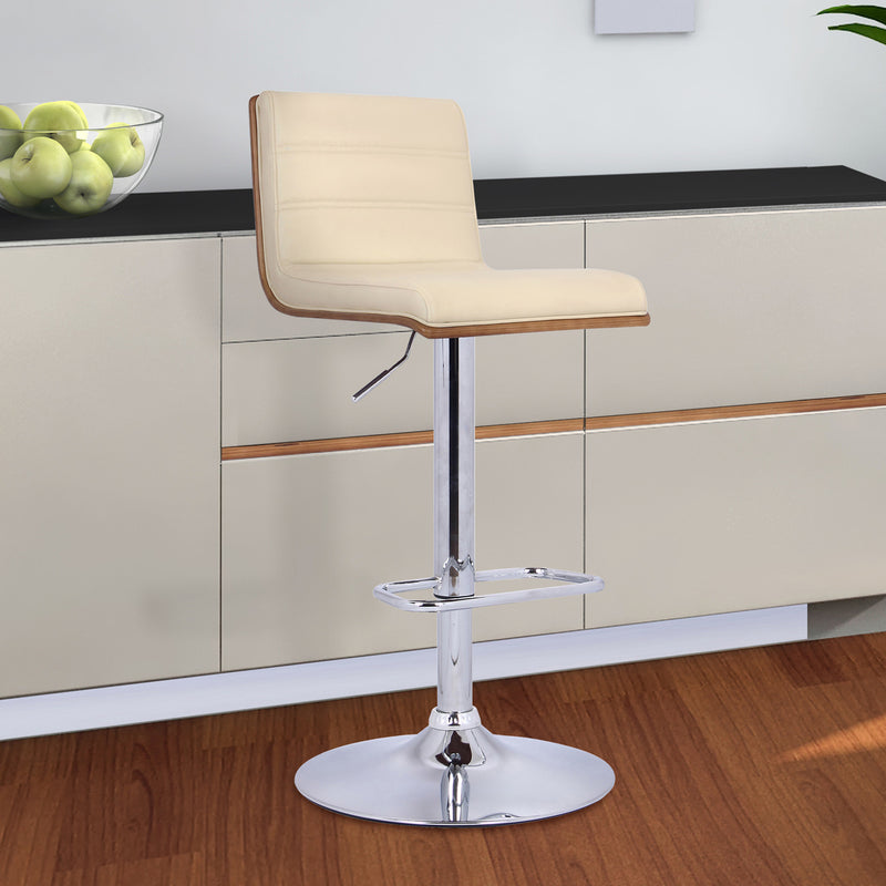 Cream Faux Leather Walnut and Chrome Adjustable Swivel Bar Stool By Homeroots | Bar Stools | Modishstore