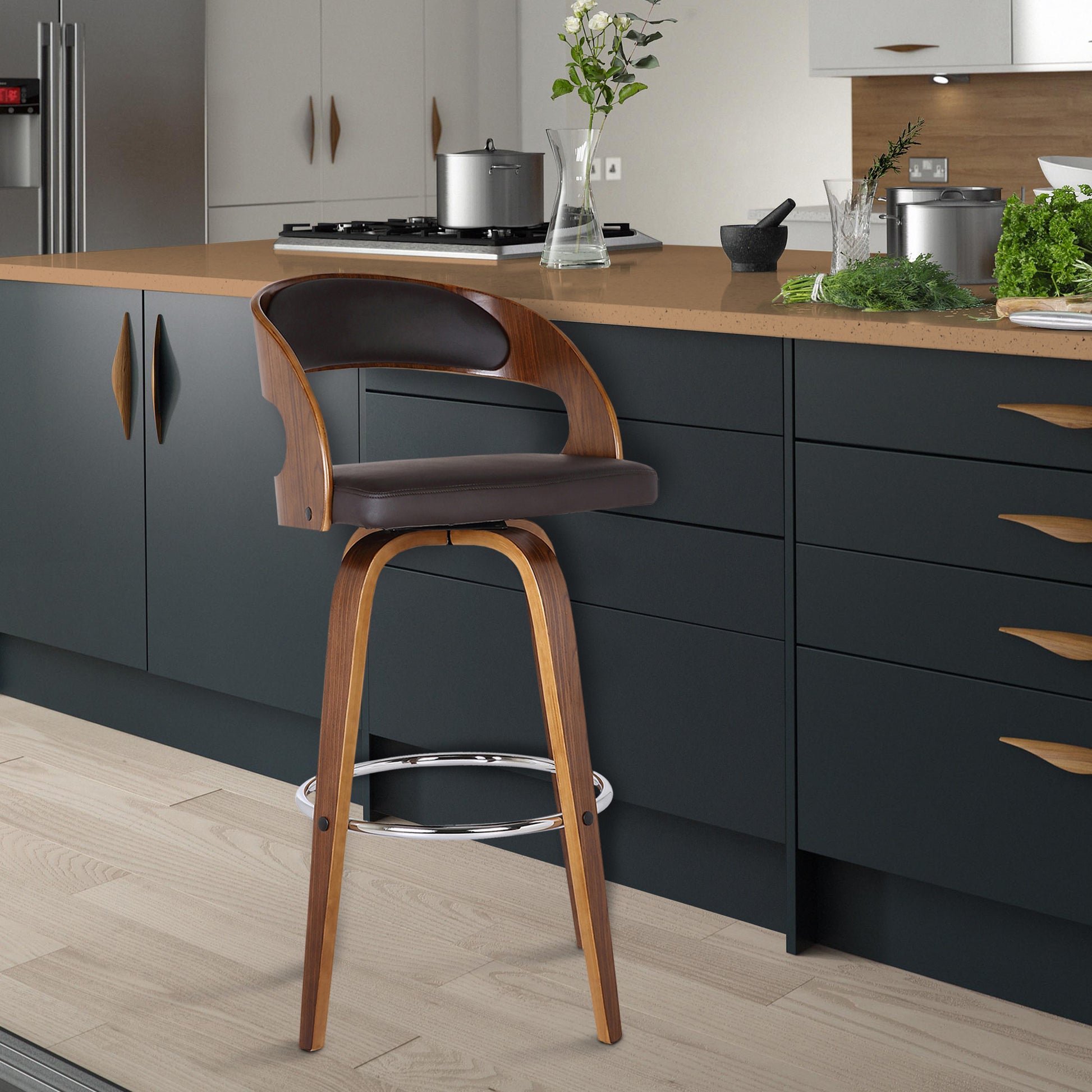 37" Brown Faux Leather And Solid Wood Swivel Counter Height Bar Chair By Homeroots | Bar Stools | Modishstore - 8