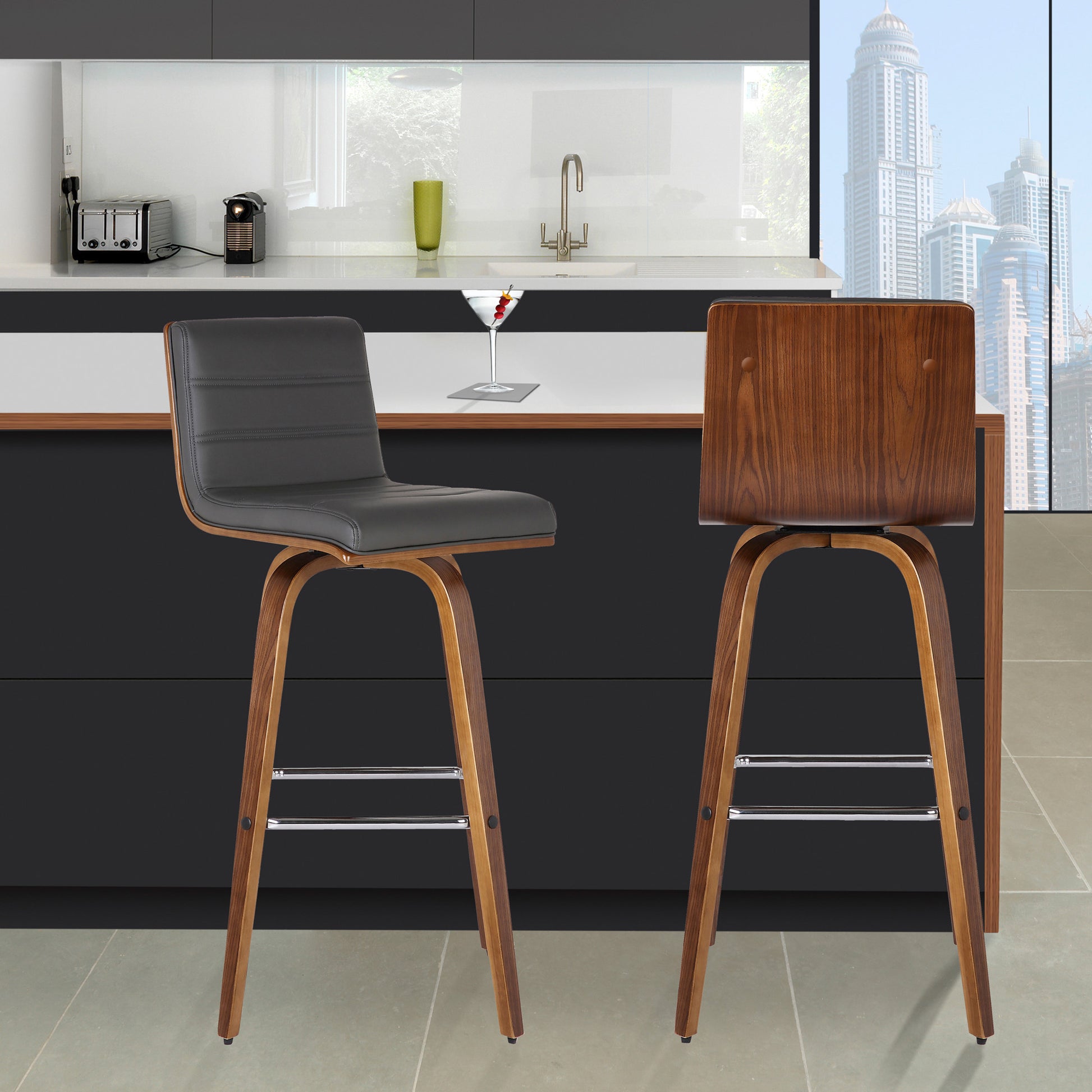 30” Gray Faux Leather Wooden Swivel Bar Stool By Homeroots | Bar Stools | Modishstore