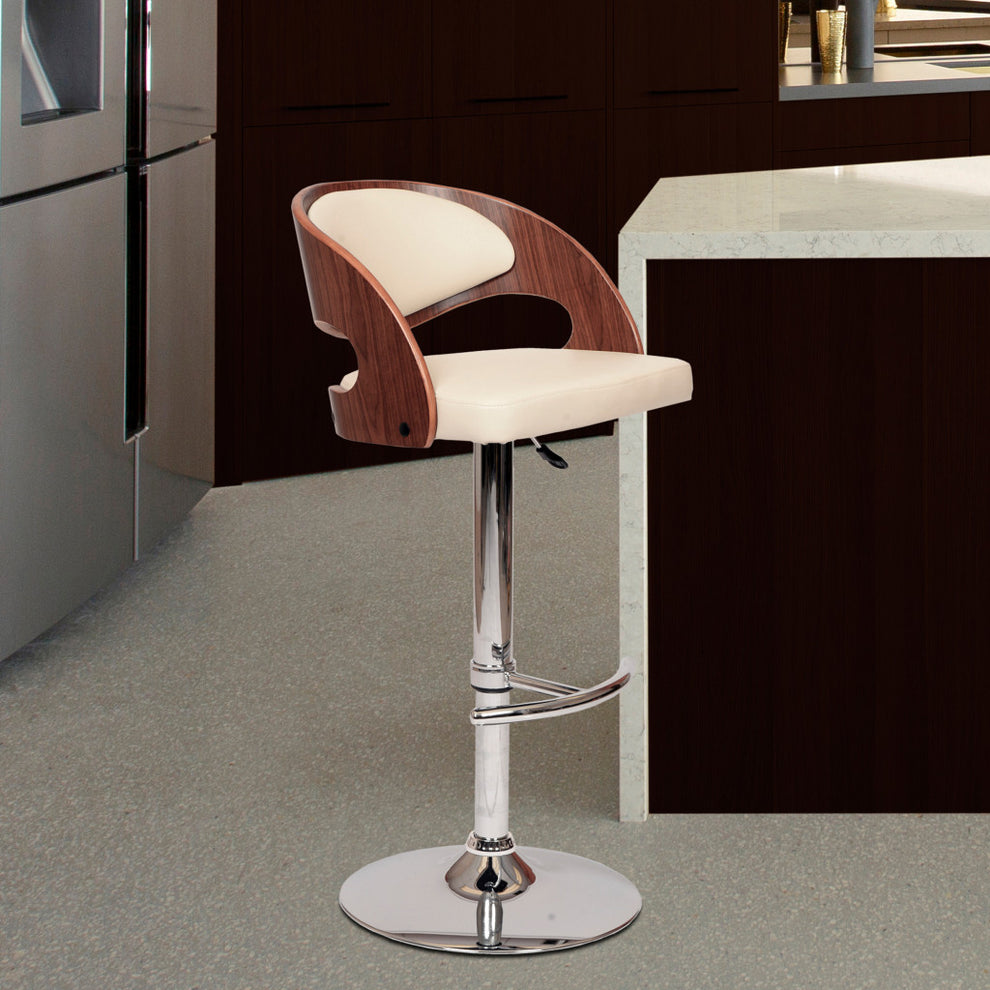 43" Cream And Brown Faux Leather And Solid Wood Swivel Low Back Adjustable Height Bar Chair With Footrest By Homeroots | Bar Stools | Modishstore - 5