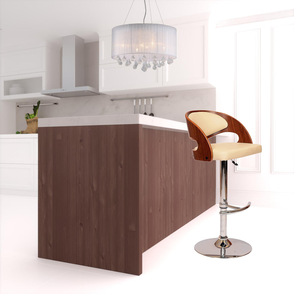 43" Cream And Brown Faux Leather And Solid Wood Swivel Low Back Adjustable Height Bar Chair With Footrest By Homeroots | Bar Stools | Modishstore - 3