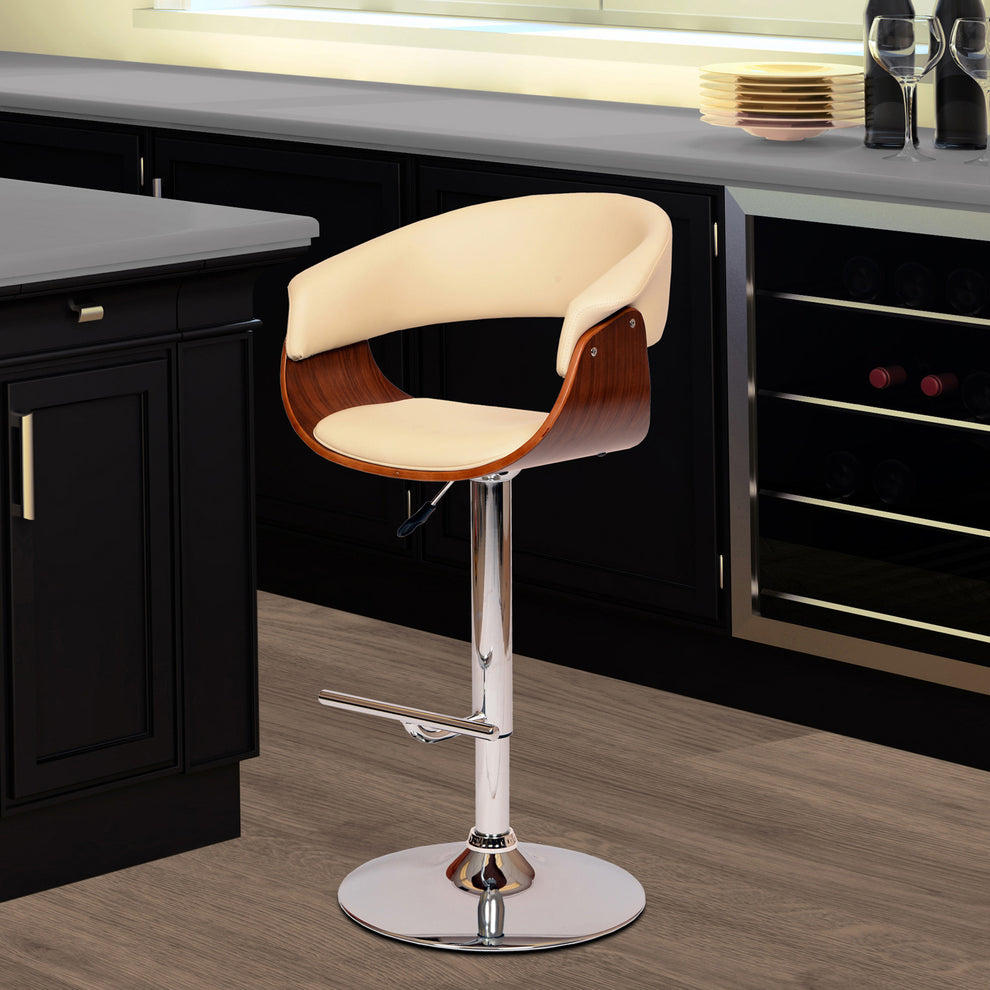 44" Cream And Silver Faux Leather And Solid Wood Swivel Low Back Adjustable Height Bar Chair With Footrest By Homeroots | Bar Stools | Modishstore - 5