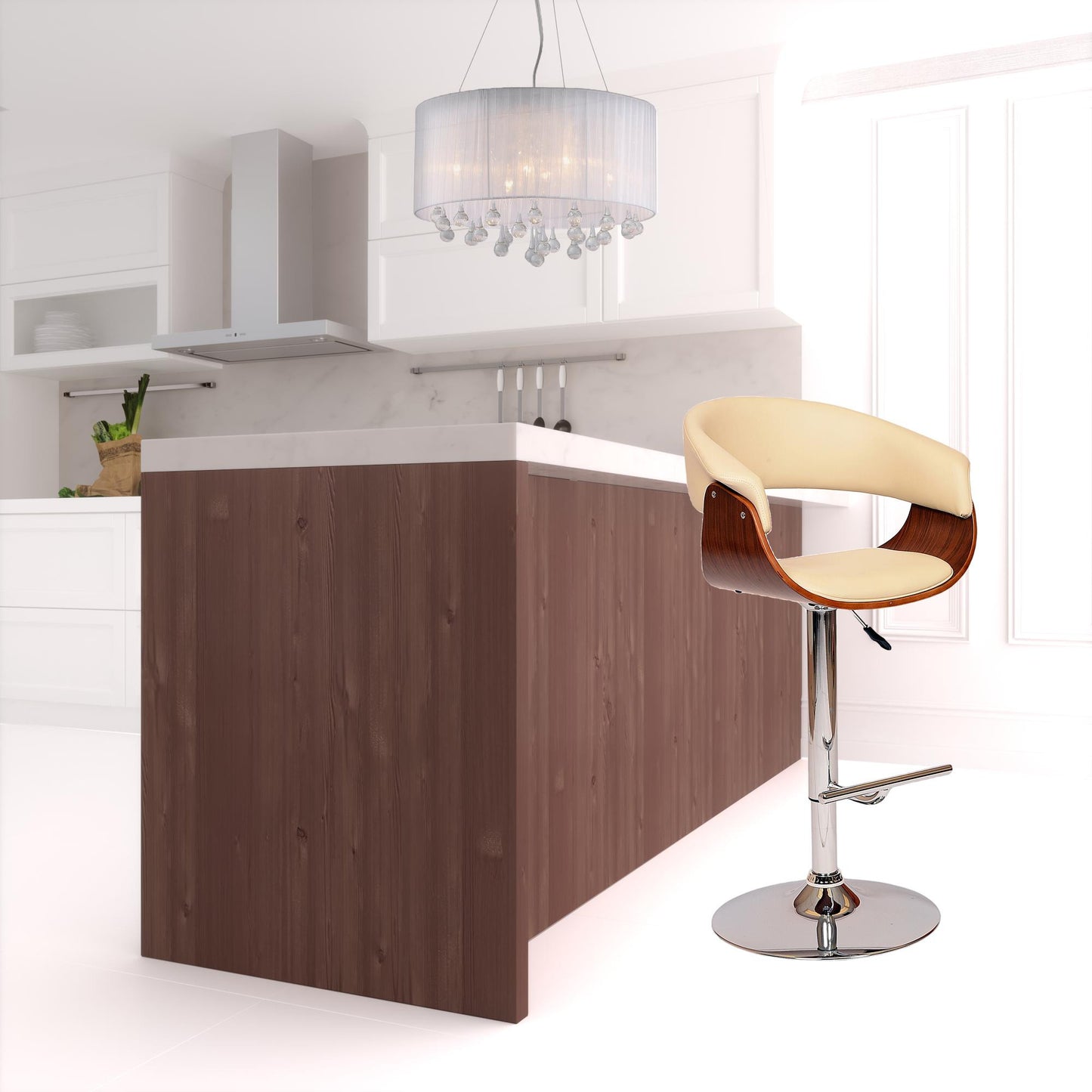 44" Cream And Silver Faux Leather And Solid Wood Swivel Low Back Adjustable Height Bar Chair With Footrest By Homeroots | Bar Stools | Modishstore - 4