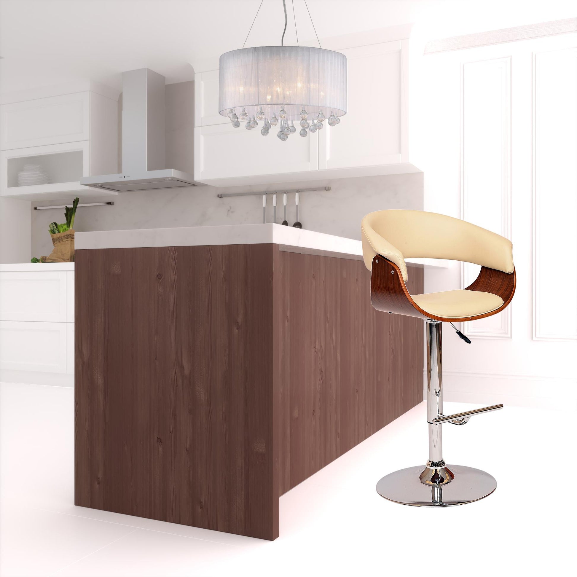 44" Cream And Silver Faux Leather And Solid Wood Swivel Low Back Adjustable Height Bar Chair With Footrest By Homeroots | Bar Stools | Modishstore - 4