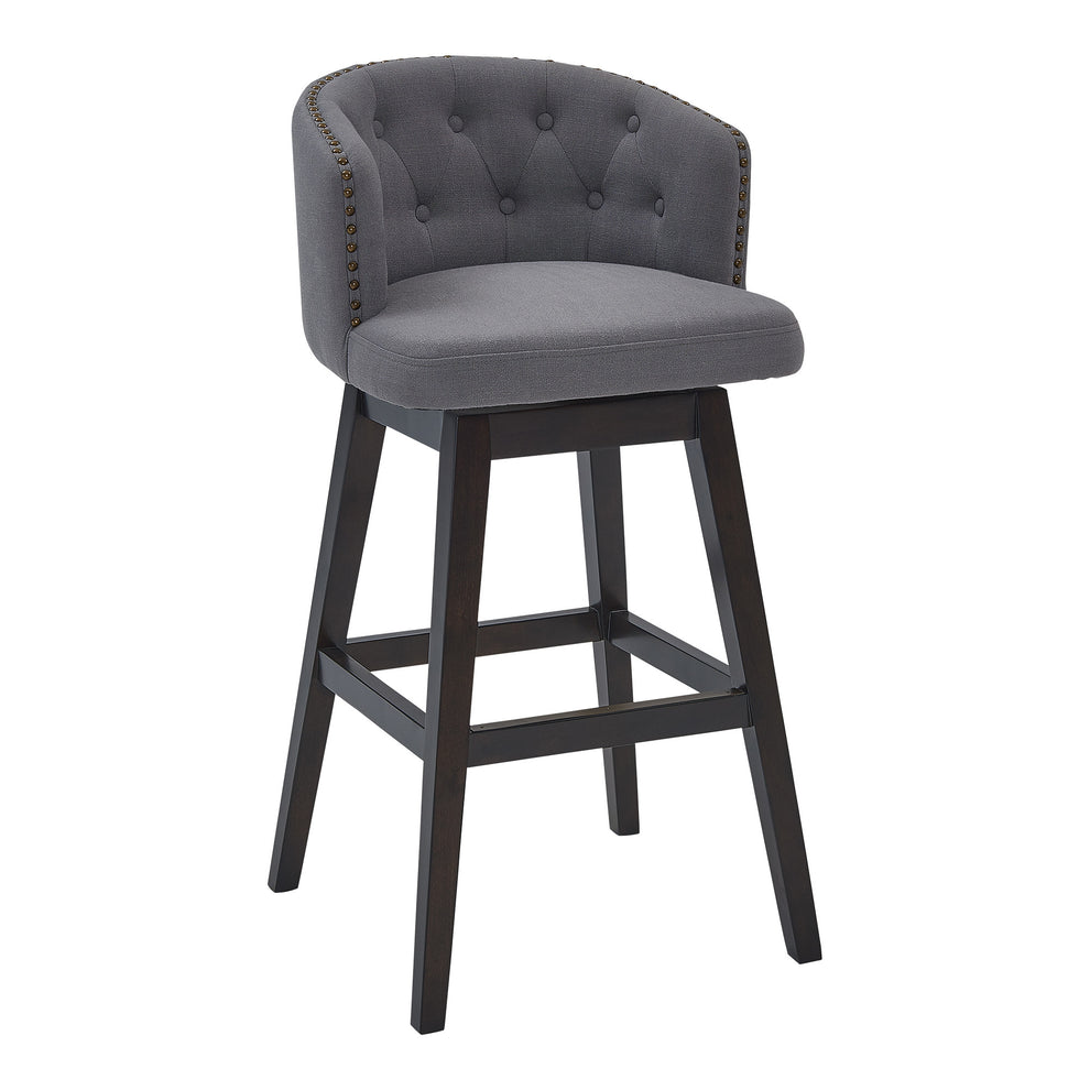 26" Grey Tufted Fabric and Dark Espresso Wood Swivel Bar Stool By Homeroots | Bar Stools | Modishstore - 2
