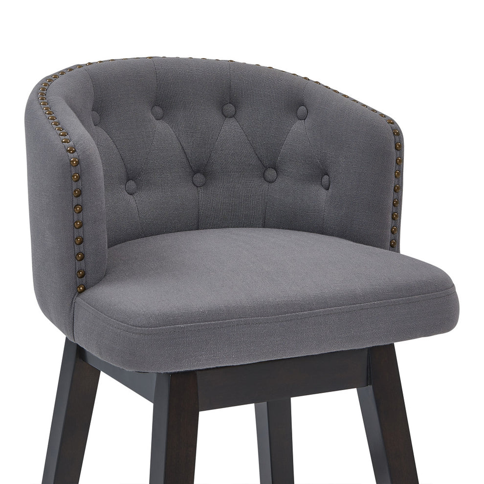 26" Grey Tufted Fabric and Dark Espresso Wood Swivel Bar Stool By Homeroots | Bar Stools | Modishstore - 5