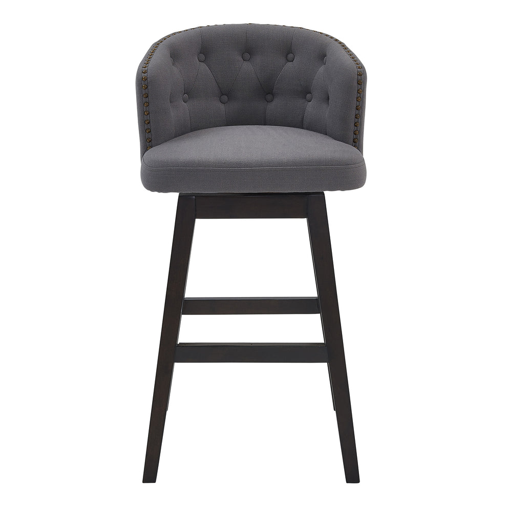 30" Grey Tufted Fabric and Dark Espresso Wood Swivel Bar Stool By Homeroots | Bar Stools | Modishstore - 3