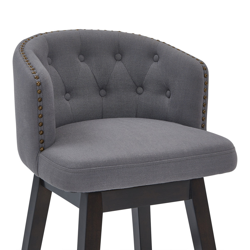 30" Grey Tufted Fabric and Dark Espresso Wood Swivel Bar Stool By Homeroots | Bar Stools | Modishstore - 5