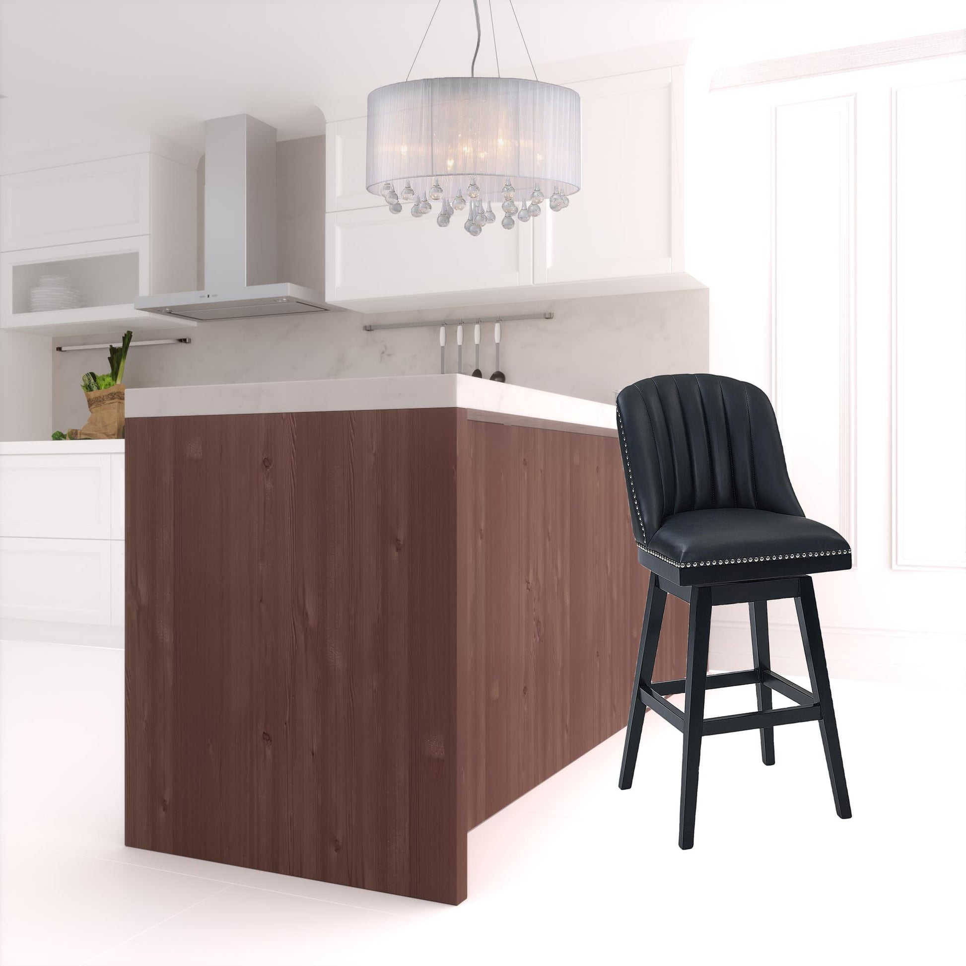 42" Black Faux Leather And Solid Wood Swivel Bar Height Chair By Homeroots | Bar Stools | Modishstore - 4