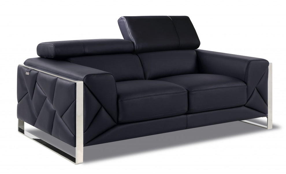 75" Black Italian Leather and Chrome Solid Color Love Seat By Homeroots | Loveseats | Modishstore - 2