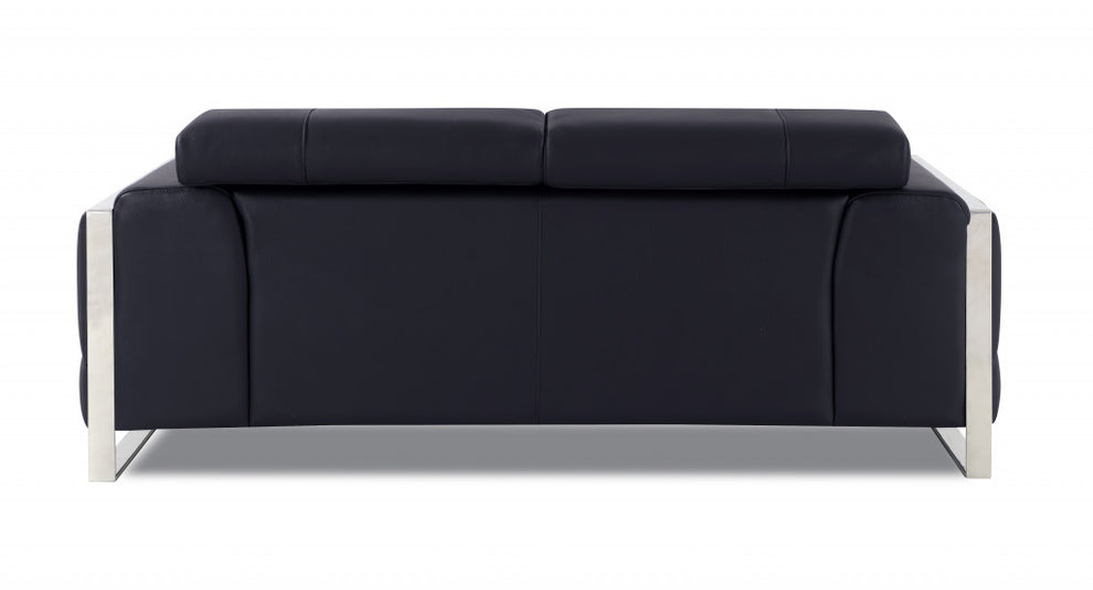 75" Black Italian Leather and Chrome Solid Color Love Seat By Homeroots | Loveseats | Modishstore - 3