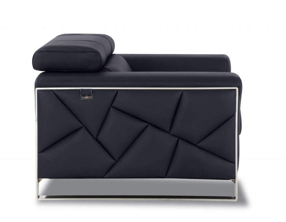 75" Black Italian Leather and Chrome Solid Color Love Seat By Homeroots | Loveseats | Modishstore - 4