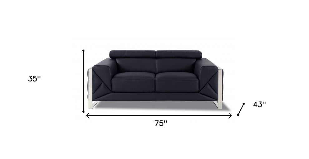 75" Black Italian Leather and Chrome Solid Color Love Seat By Homeroots | Loveseats | Modishstore - 6