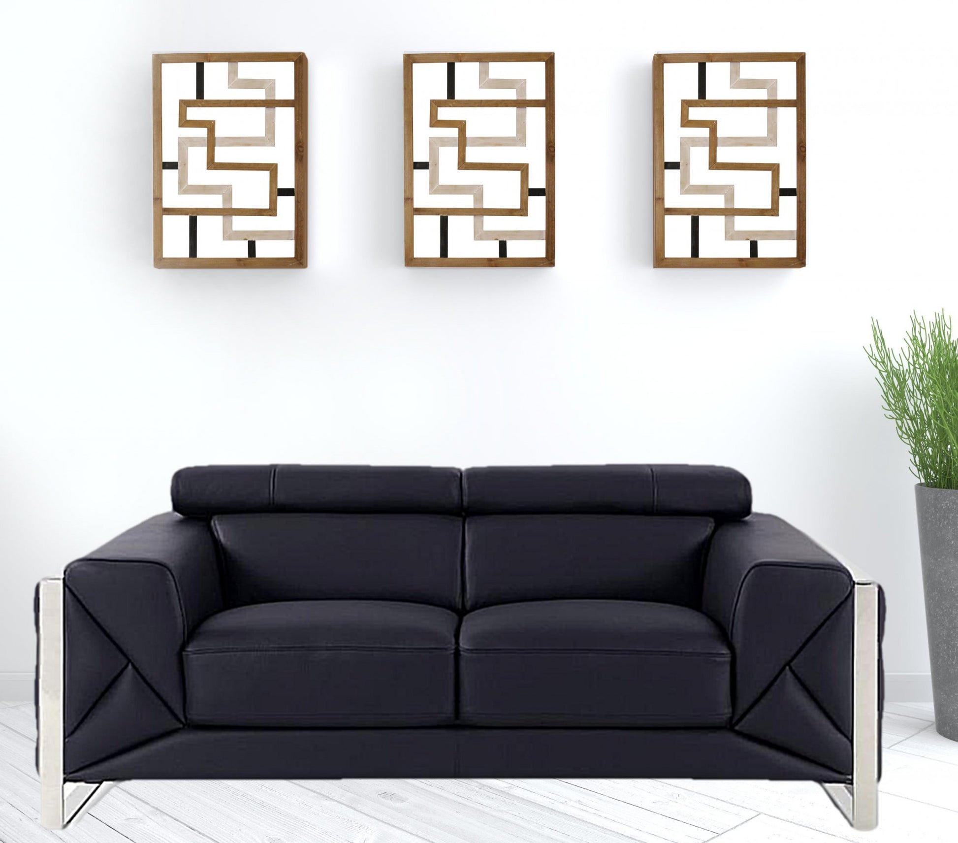 75" Black Italian Leather and Chrome Solid Color Love Seat By Homeroots | Loveseats | Modishstore - 7