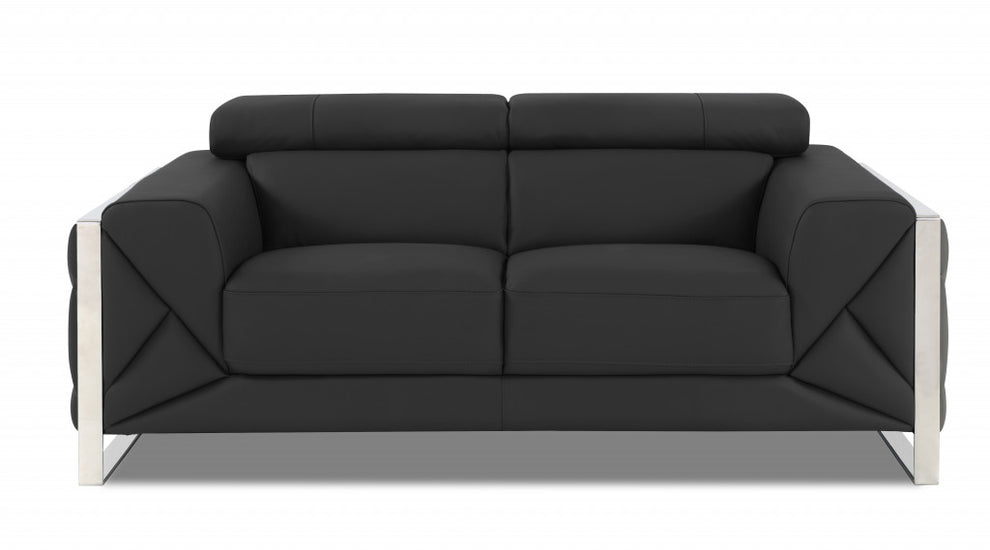 75" Black Italian Leather and Chrome Solid Color Love Seat By Homeroots | Loveseats | Modishstore - 13