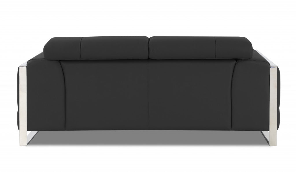 75" Black Italian Leather and Chrome Solid Color Love Seat By Homeroots | Loveseats | Modishstore - 15