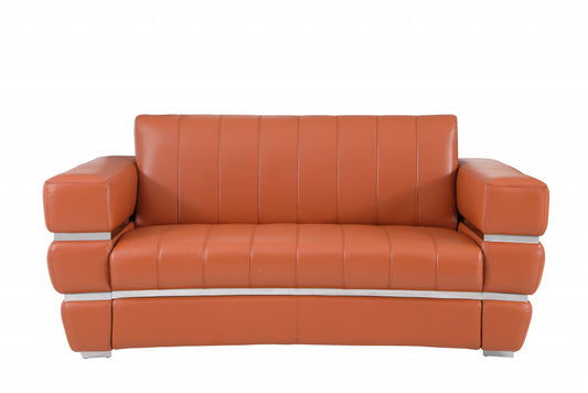 75" Camel And Silver Italian Leather Love Seat By Homeroots