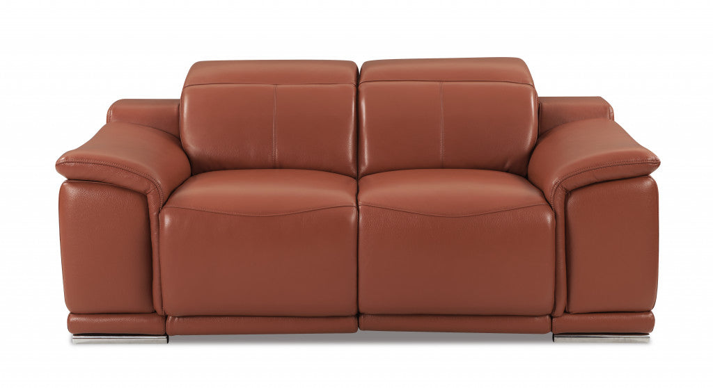 72" Camel And Silver Italian Leather Power Reclining Love Seat By Homeroots | Loveseats | Modishstore
