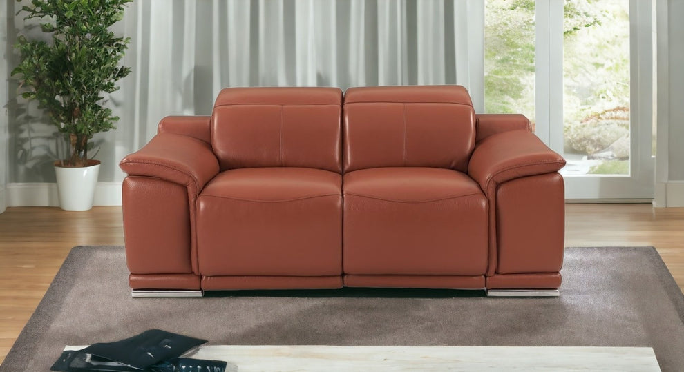 72" Camel And Silver Italian Leather Power Reclining Love Seat By Homeroots | Loveseats | Modishstore - 2