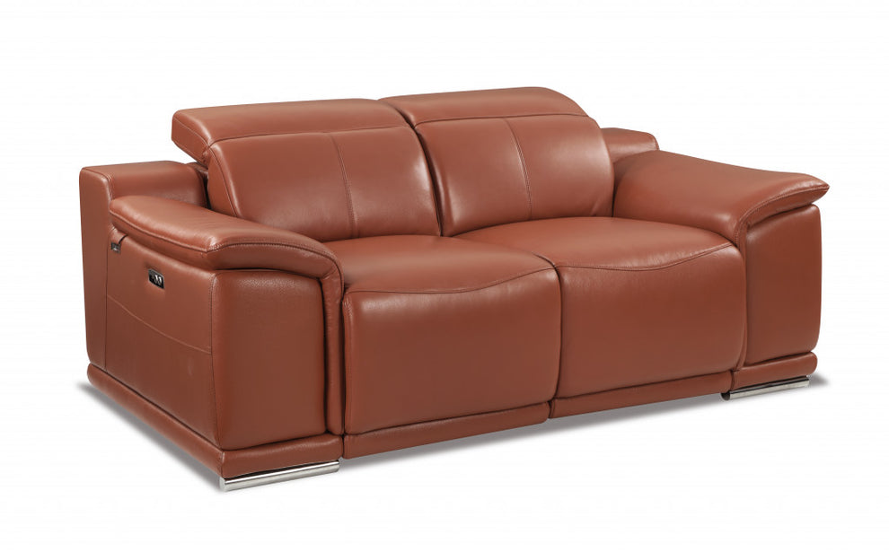 72" Camel And Silver Italian Leather Power Reclining Love Seat By Homeroots | Loveseats | Modishstore - 3