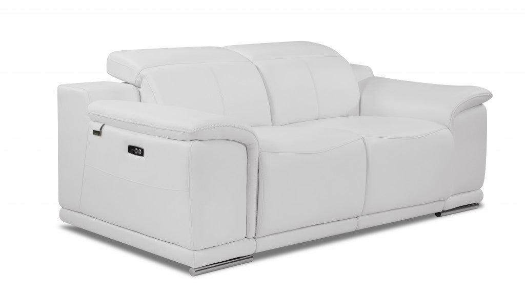 72" White And Silver Italian Leather Power Reclining Love Seat By Homeroots | Loveseats | Modishstore