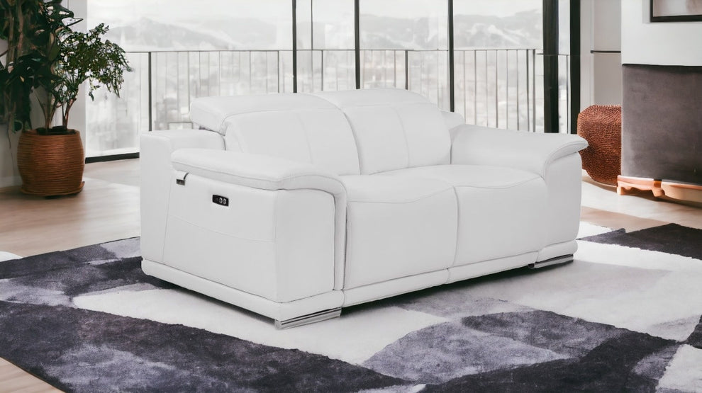72" White And Silver Italian Leather Power Reclining Love Seat By Homeroots | Loveseats | Modishstore - 2