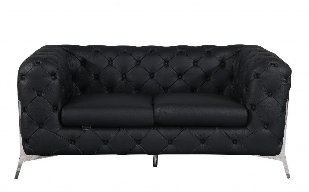 69" Black Tufted Italian Leather and Chrome Love Seat By Homeroots | Loveseats | Modishstore