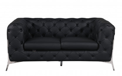 69" Black Tufted Italian Leather and Chrome Love Seat By Homeroots | Loveseats | Modishstore