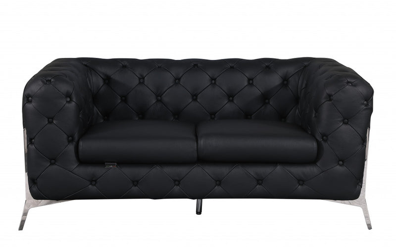 69" Black Tufted Italian Leather and Chrome Love Seat By Homeroots | Loveseats | Modishstore