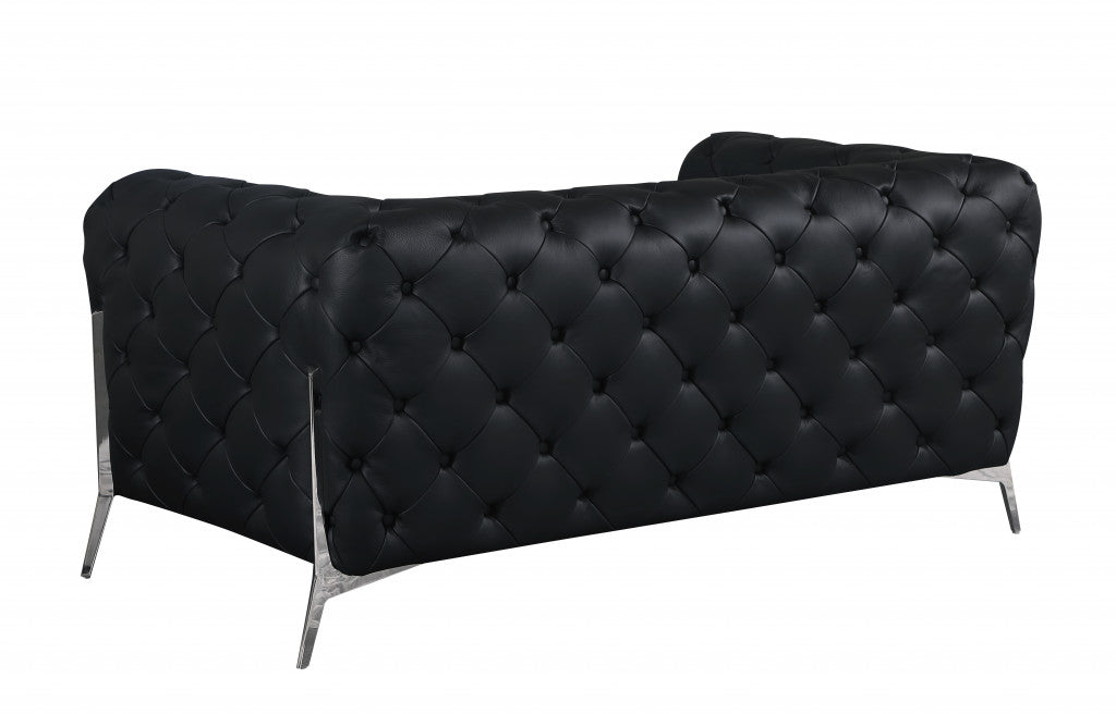 69" Black Tufted Italian Leather and Chrome Love Seat By Homeroots | Loveseats | Modishstore - 3