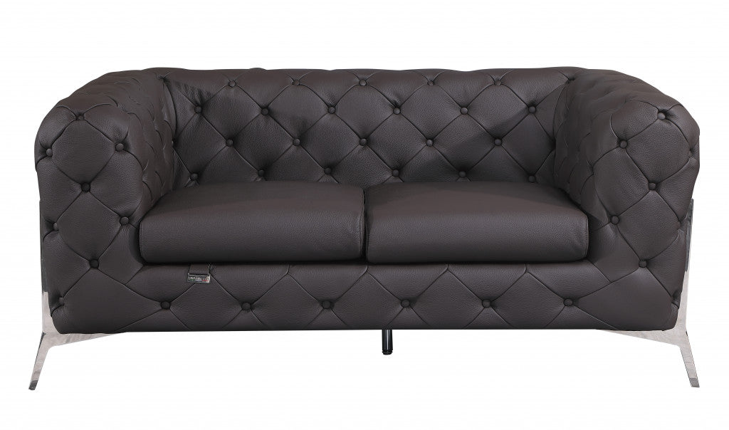 69" Black Tufted Italian Leather and Chrome Love Seat By Homeroots | Loveseats | Modishstore - 6