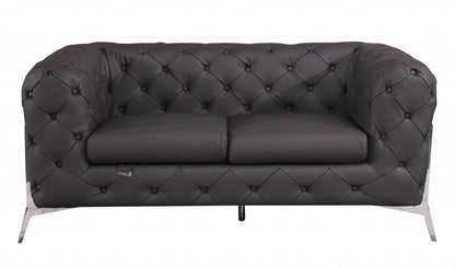 69" Black Tufted Italian Leather and Chrome Love Seat By Homeroots | Loveseats | Modishstore - 6