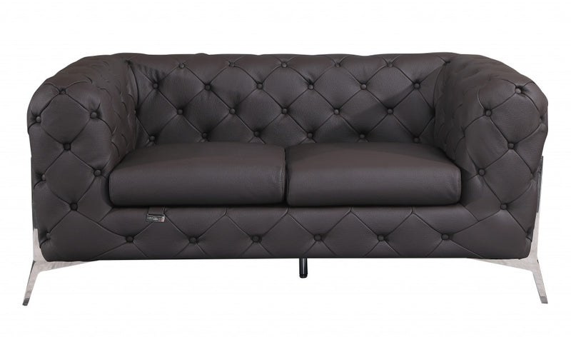 69" Black Tufted Italian Leather and Chrome Love Seat By Homeroots | Loveseats | Modishstore - 6