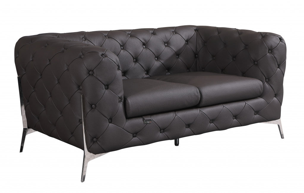 69" Black Tufted Italian Leather and Chrome Love Seat By Homeroots | Loveseats | Modishstore - 7