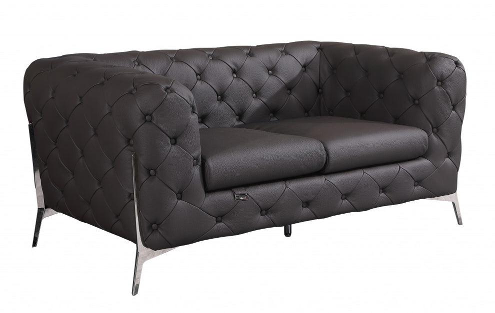 69" Black Tufted Italian Leather and Chrome Love Seat By Homeroots | Loveseats | Modishstore - 7