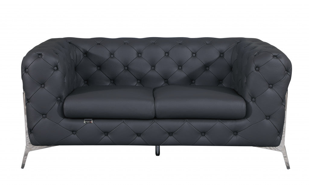 69" Black Tufted Italian Leather and Chrome Love Seat By Homeroots | Loveseats | Modishstore - 16