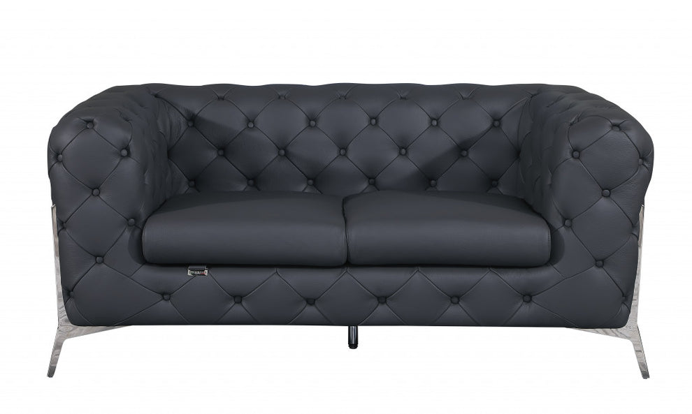69" Black Tufted Italian Leather and Chrome Love Seat By Homeroots | Loveseats | Modishstore - 16