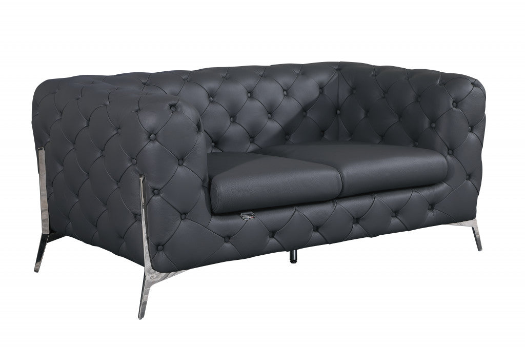 69" Black Tufted Italian Leather and Chrome Love Seat By Homeroots | Loveseats | Modishstore - 17