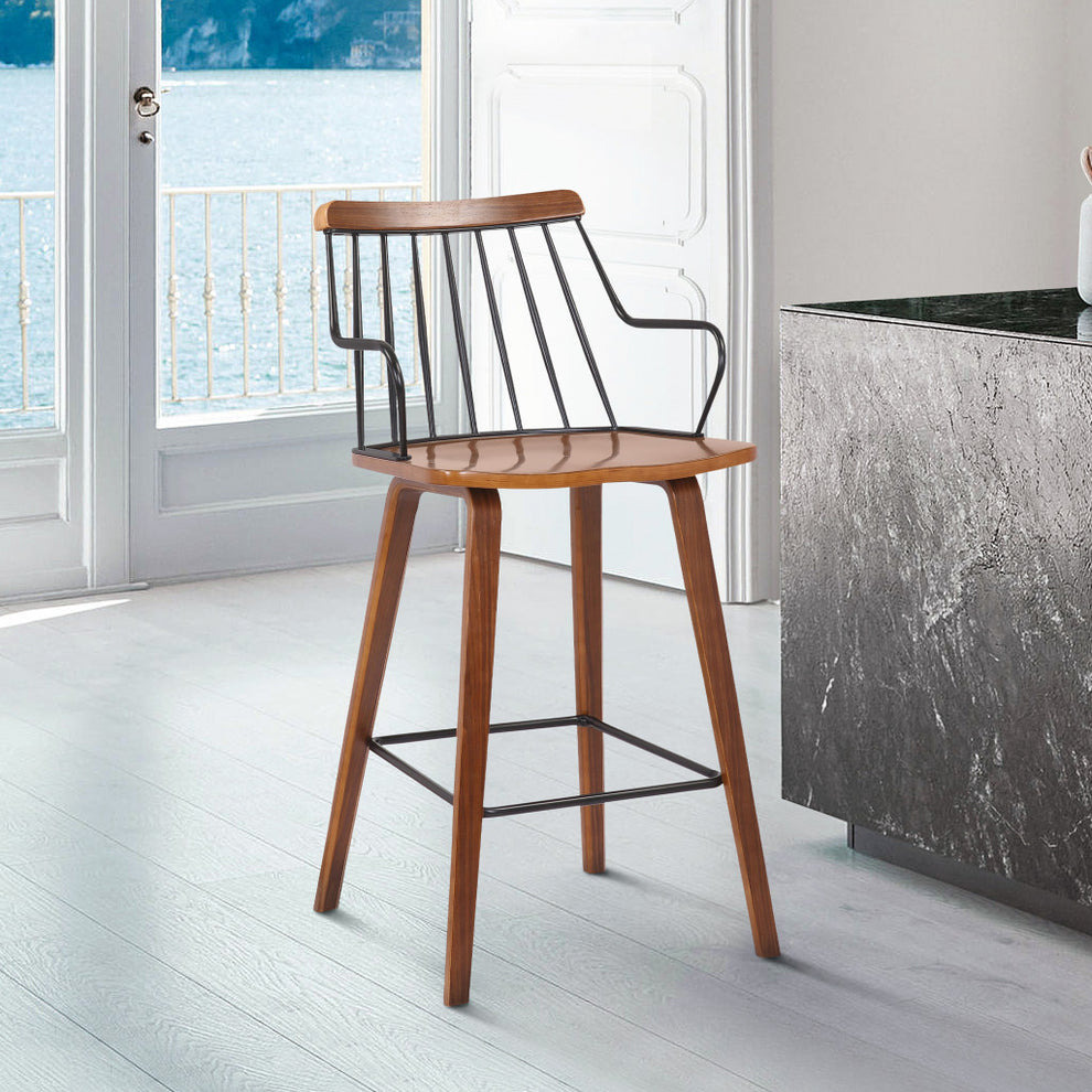 38" Brown Walnut and Metal Counter Height Bar Chair By Homeroots | Bar Stools | Modishstore - 7