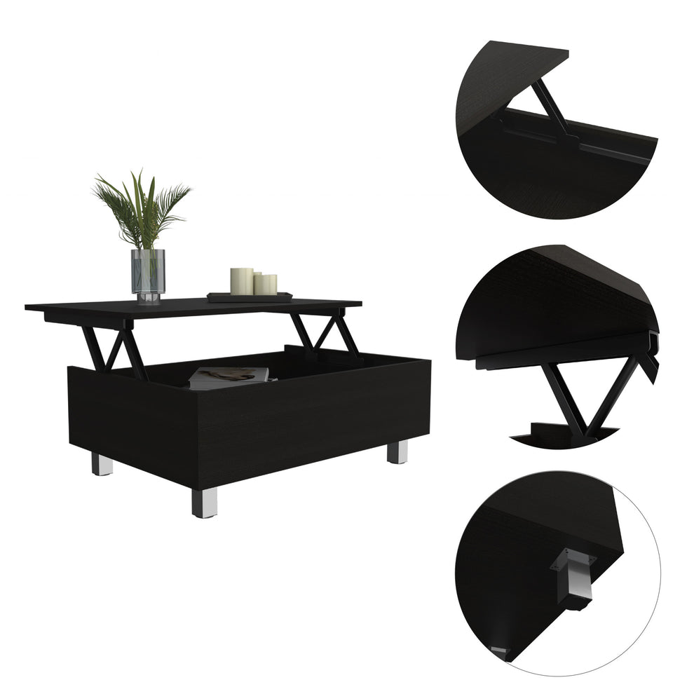 32" Black Manufactured Wood Rectangular Lift Top Coffee Table With Drawer And Shelf By Homeroots | Coffee Tables | Modishstore - 3
