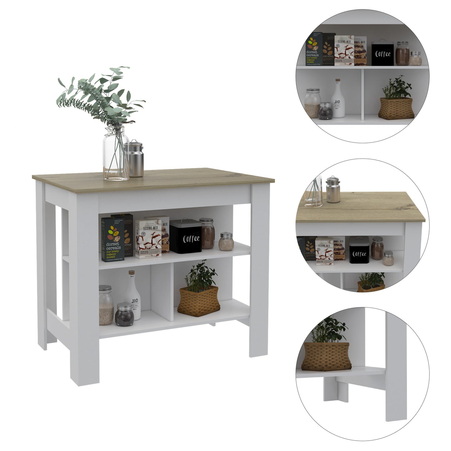 Modern White and Light Oak Kitchen Island By Homeroots | Kitchen Carts | Modishstore - 2