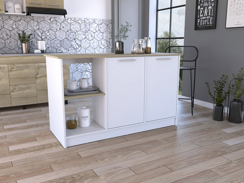 Sleek and Modern White and Light Oak Kitchen Island By Homeroots | Kitchen Carts | Modishstore